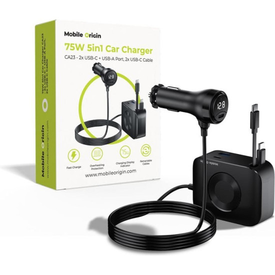 Φορτιστής Αυτοκινήτου Mobile Origin με 2 x Type-C / 1 x USB-A & Ενσωματωμένα Καλώδια 2 x Type-C 75W - Black (MO-75WCCH-CA23)
