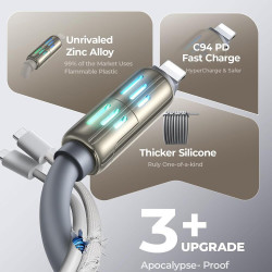 Καλώδιο Lisen 2 σε 2 USB-A / Type-C σε Type-C / Lightning για Γρήγορη Φόρτιση & Μεταφορά Δεδομένων με RGB Φωτισμό 200cm 240W - Gray (6941237430953)