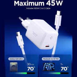 Φορτιστής Spigen EE451EU GaN Pro Γρήγορος Τοίχου / Αντάπτορας με 1 x Θύρα Type-C 45W & Καλώδιο Type-C 100W - White (ACH09473)