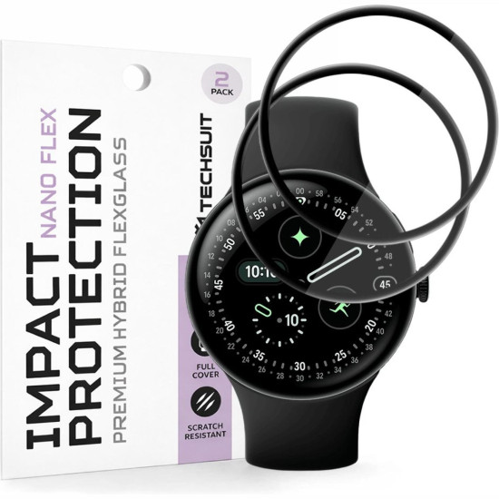 Hybrid Glass Google Pixel Watch 4 45mm Techsuit Nano Flex Full Face Αντιχαρακτικό Υβριδικό Γυαλί Προστασίας Οθόνης 2 Τεμάχια - Black (5949419359819)