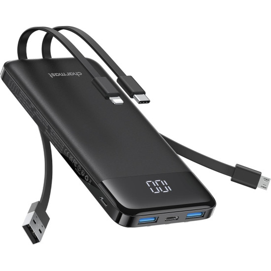 PowerBank Charmast με Θύρες 1 x Type-C / 2 x USB-A & Καλώδια 1 x Type-C / 1 x  Lightning / 1 x MicroUSB 20W 10.000mAh - Black (W1148)
