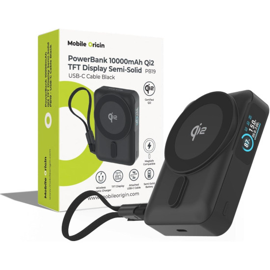 PowerBank Mobile Origin PB19 10.000mAh με Ασύρματη Φόρτιση MagSafe Qi2 15W / KickStand / Οθόνη TFT / 1 x Θύρα Type-C 20W & 1 x Καλώδιο Type-C - Black (MO-TDS-PB19-BLK)