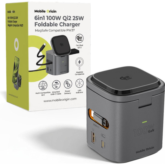 Ασύρματος Φορτιστής Mobile Origin PW37 6in1 GaN MagSafe Qi2.2 για iPhone 25W / EarBuds TWS 5W / Apple Watch 2.5W με Καλώδιο Type-C 60W & Θύρες 1 x Type-C 100W / 1 x USB-A 30W - Space Grey (MO-100WFCH-PW37)