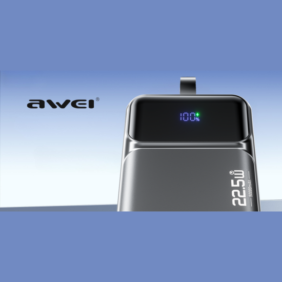 PowerBank Awei PA107 με Ψηφιακή Οθόνη LED / Θύρες 2 x USB-A & 1 x Type-C / Καλώδια 1 x Type-C / 1 x Lightning 50.000mAh 22.5W - Black (6954284029544)