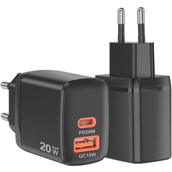 Φορτιστής Techsuit Duonix20W CH2 Gan Αντάπτορας με 1 x USB-A / 1 x Type-C 20W - Black (5949419324671)